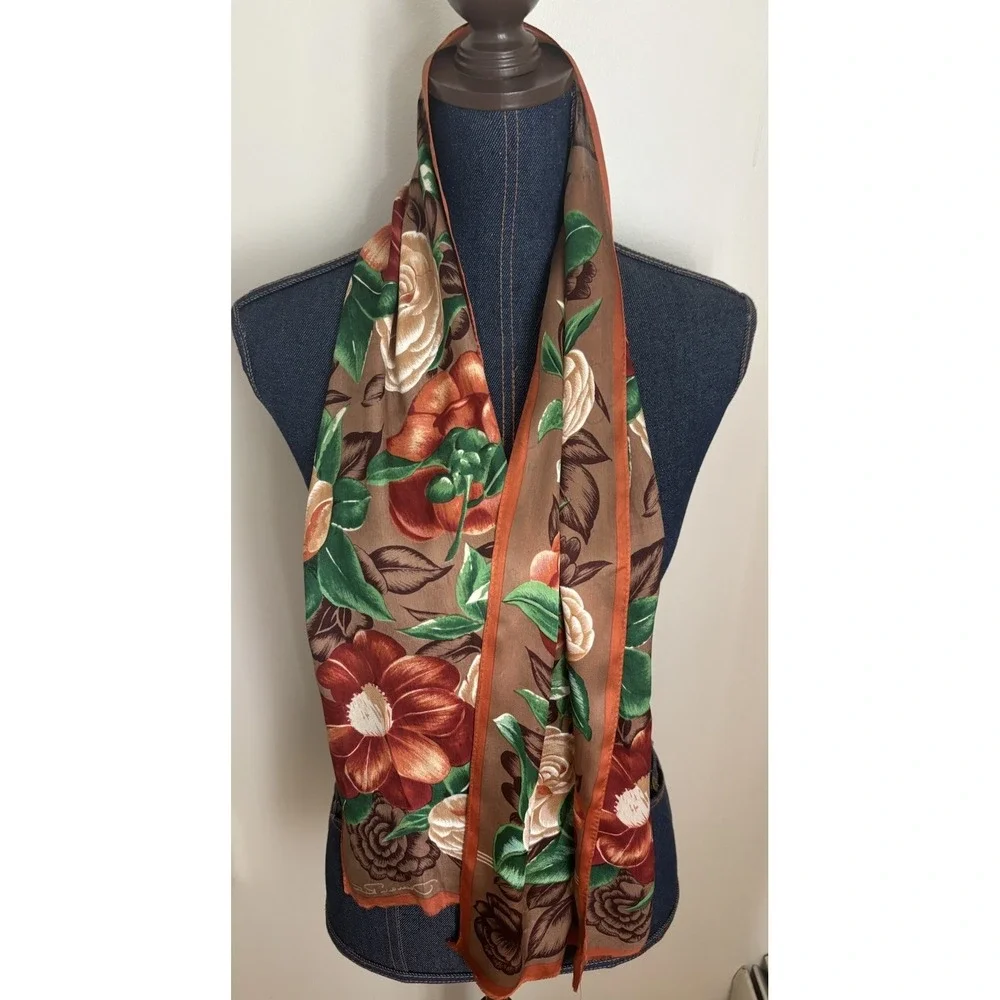 Vintage 90's Oscar De La Renta Silk Scarf Orange Brown Floral Long Rectangle